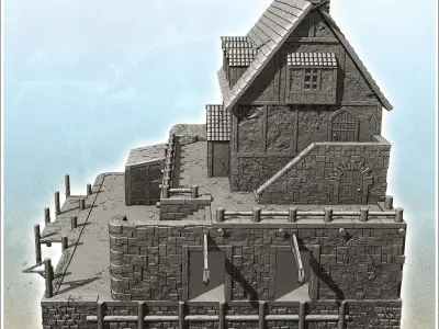 Large medieval building on stone platform with port 9 - Pirate J 3D print model