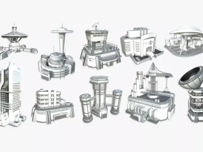 10 Sci Fi Buildings Collection B - White Gray - Exterior Design 3D Model Pack