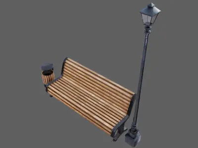 Urban Bench Set - 3 Variations - Trash Bin and Street Lamp Low-poly 3D model