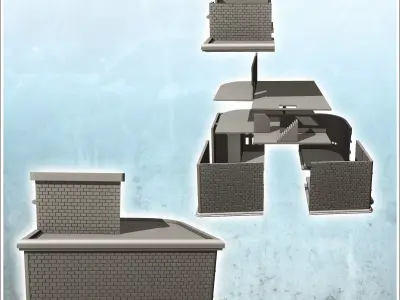 Brick corner building with entrance canopy and roof access 15 -  3D print model