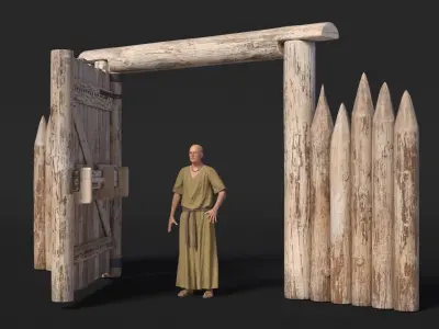  Medieval Wooden Gate and Monk 