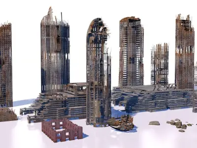 Buildings and skyscrapers in ruins 3D model