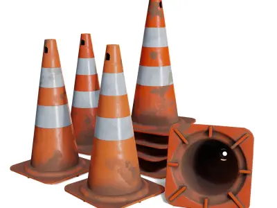 4 Worn Traffic Cones - Weathered - Optimized - Game Ready Low-poly 3D model