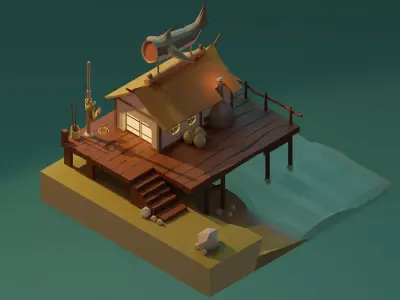 House low poly wooden on island Low-poly 3D model