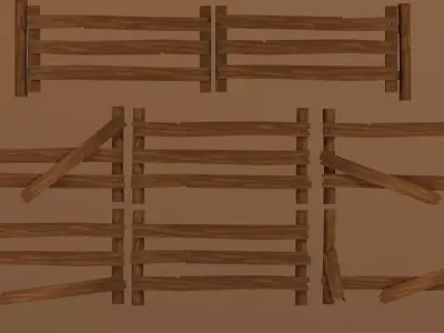 Low-poly Fence and gate with handpainted textures Low-poly 3D model