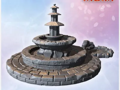 Large fountain with layered circular stone basins and adjacent d 3D print model
