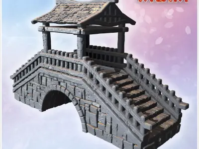 Ornamental stone bridge with steep stairs wooden railings and ti 3D print model