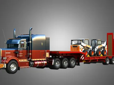 57P Heavy Duty Tri Axle Semi Truck with S76 Skid Steer  3 in 1  3D Model Pack
