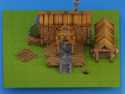 Low poly lumbermill wooden house Low-poly 3D model