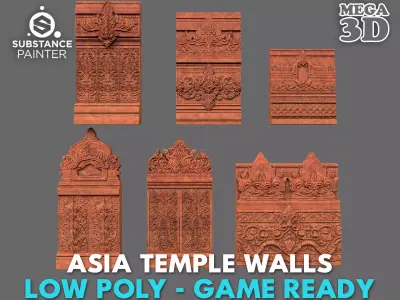 Low poly Asia Temple Wall Modular - 231009 Low-poly 3D model