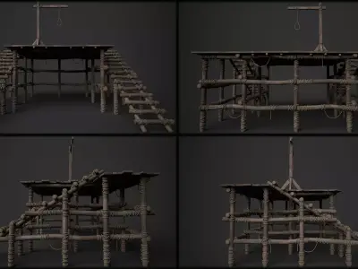 Wooden Stage Gallows Low-poly 3D model
