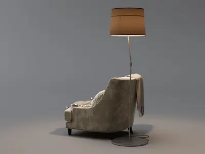 Armchair with plaid garland and floor lamp 3D model