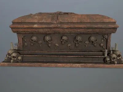 tomb 1 wooden casket with skulls on top Low-poly 3D model