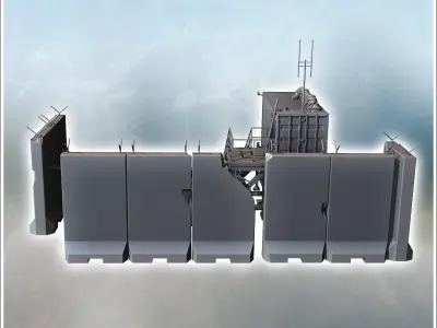 Vehicle repair center with container workshops and concrete wall 3D print model