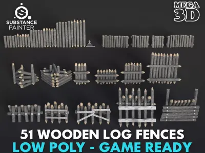 51 Lowpoly Wooden Log Fences - 240303 Low-poly 3D model