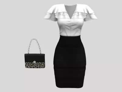 Elegant White Poncho Top Black Pencil Skirt Handbag Outfit Low-poly 3D model