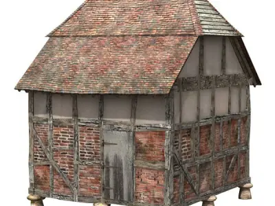 Grainstore brick building with wooden roof 3D model