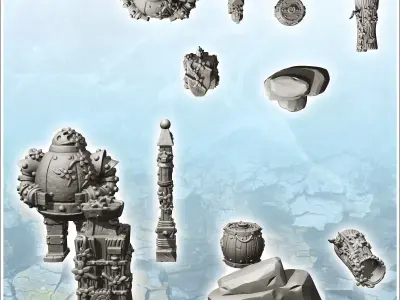 Set of fantastic outdoor accessories with humanoid totem and lan 3D print model