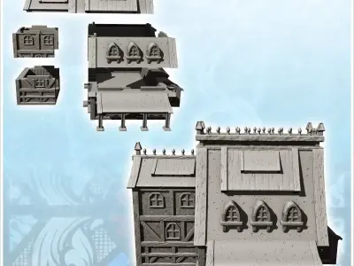 Large medieval half-timbered building with spiked roof and side  3D print model