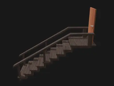 basement stair - door - door handle - handrail - step Low-poly 3D model