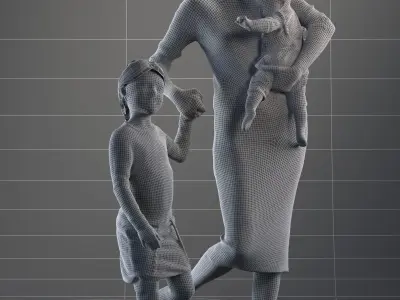 Pre-posed mother with her kids 3D model
