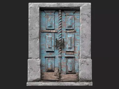 Old wooden door with dirt and nailed boards Low-poly 3D model
