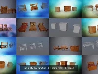 Set of stylized furniture PBR game ready 3D Model Pack