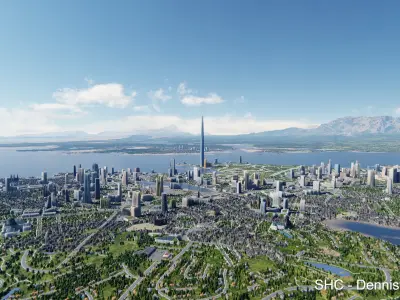 Large scale procedural planet with 3D cities and vegetation 3D model