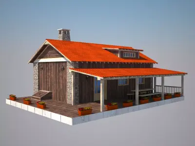 House 3D Model wooden with orange roof 3D model