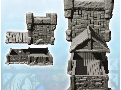 Fortified stone tower with annex building 13 - Medieval Gothic F 3D print model