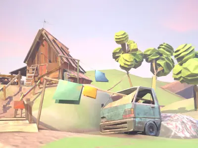 Low Poly Cabin village with truck Low-poly 3D model