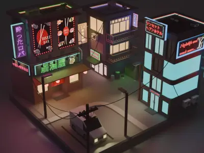 Isometric City Night Low-poly 3D model