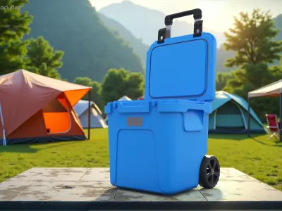  Camping Rolling Cooler Open with Fruits and Beers 