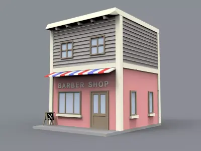 Barber shop block building Low-poly 3D model
