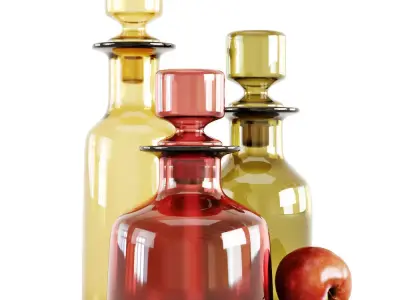 Three decorative glass bottles and red apple 3D model