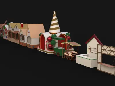 11 Piece Christmas buildings markets and stands Low-poly 3D model