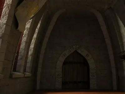 Medieval hall with arballista and a tower bridge Low-poly 3D model