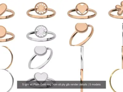 5 ight wt Plain Gold ring 3dm stl ply glb render details 3D Model Pack