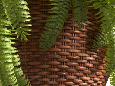 Hanging basket flowerpot rattan pot with flowers Fern 3D model