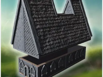 Long wooden hall with detailed roof shingles arched windows and  3D print model