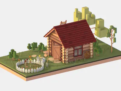 Isometric Village Wood Garden Depot Hangar Shed Low-poly 3D model