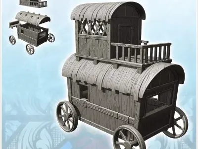 Merchant caravan on wooden wheels with terrace 1 - Medieval Goth 3D print model