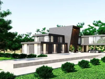 Modern Villa Cloudy and Sunny Full Scene 3D Model 3D model
