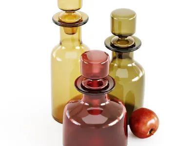 Three decorative glass bottles and red apple 3D model
