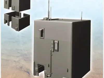 Square futuristic building with exterior pipes and roof antennas 3D print model