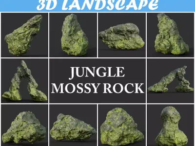 Low poly Damaged Jungle Mossy Rock Low-poly 3D model