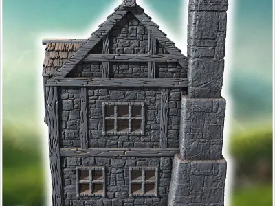 Two-story medieval house with wooden beams stone walls and a lar 3D print model