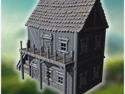 Medieval wooden house with stone foundation detailed stairs and  3D print model