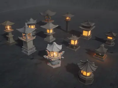 12 Stone Lanterns Low-poly 3D model