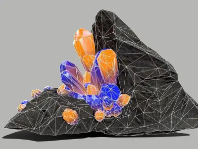 Crystal Set rock with orange and crystals Low-poly 3D model